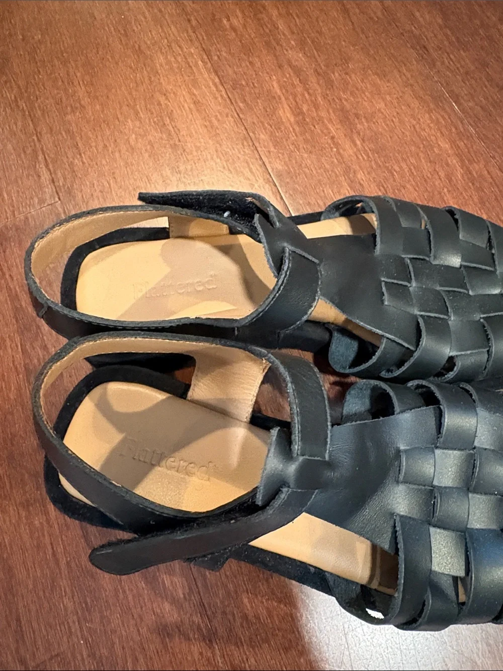Flattered Black Woven Leather Sandals with Ankle Strap